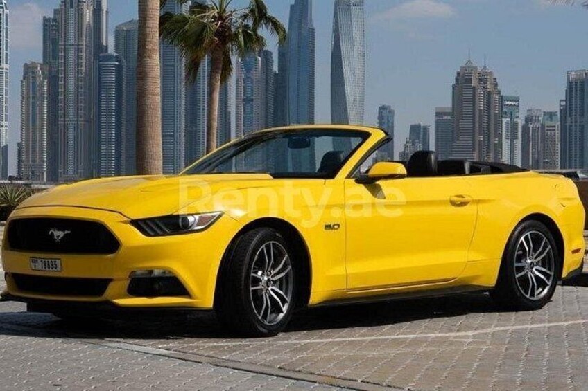 A yellow convertible Mustang parked on a paved surface with a city skyline in the background. 4