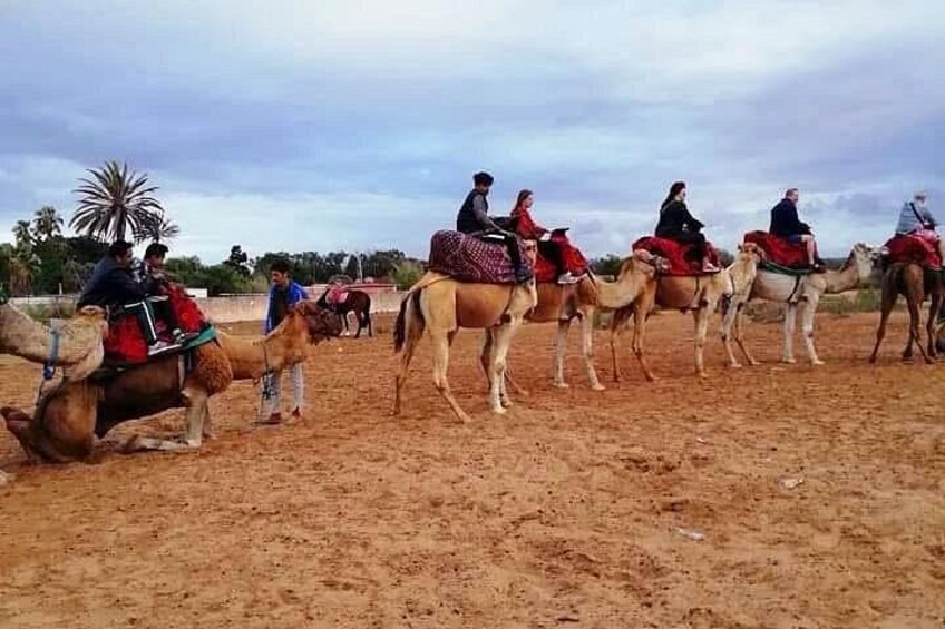 A group of people riding camels in a desert setting. 2