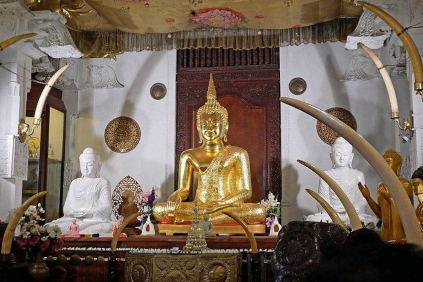 En gylden Buddha-statue i et tempelmiljø med hvide statuer og dekorative detaljer. 2