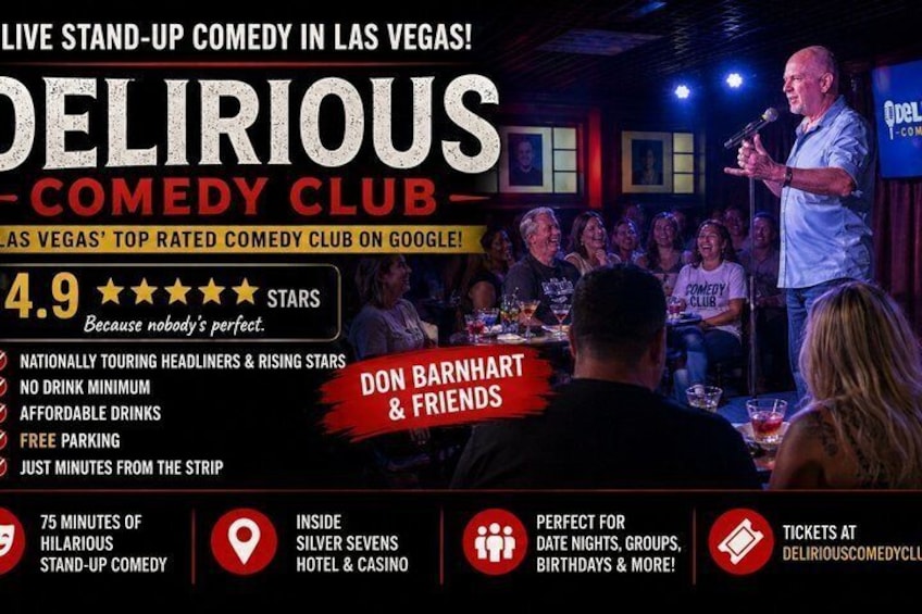 Ein Comedy-Club mit einer Bewertung von 4,9 Sternen, der Comedians aus dem ganzen Land präsentiert, keinen Getränkeumsatz hat, kostenlose Parkplätze bietet und nur wenige Minuten von der Hauptstraße entfernt liegt. 1