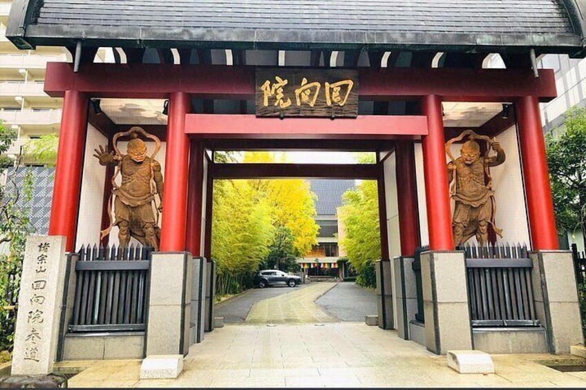 Un torii japonés tradicional con dos estatuas guardianas, un camino despejado y un edificio al fondo. 5