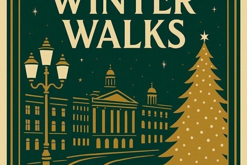 A stylized cityscape with a Christmas tree and buildings. 5