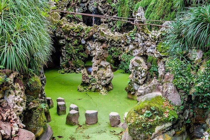 A lush garden with moss-covered rocks, a small pond, and tropical plants. 4