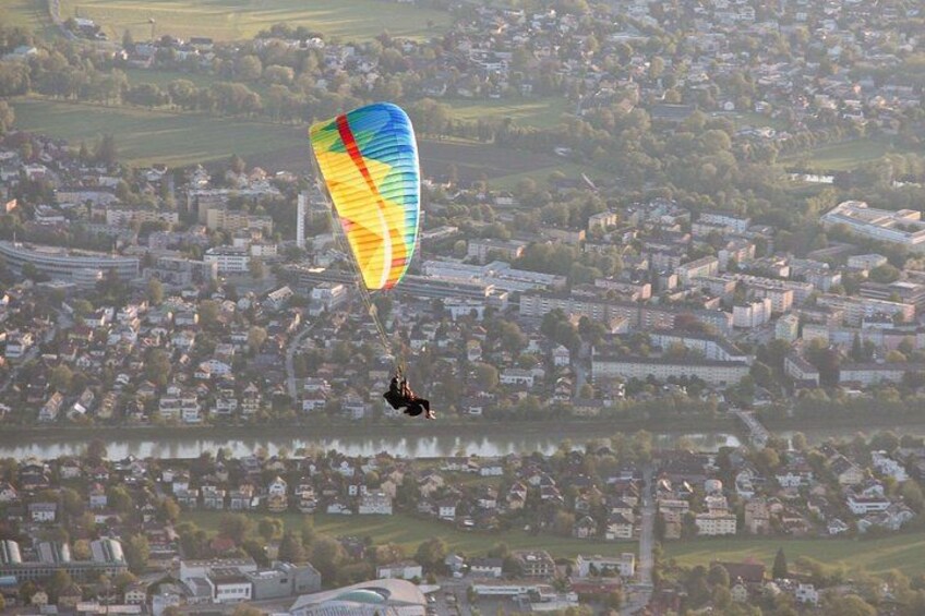 Tandem Paragliding flight above Salzburg city and Salzach river 1