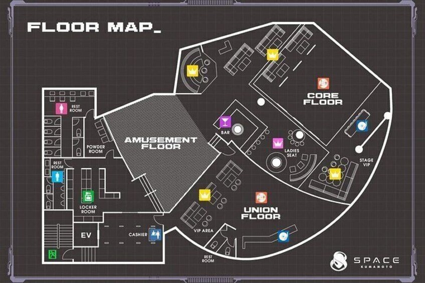 Plano del piso de un parque de atracciones con áreas señalizadas como el Área de Atracciones, el Área Central y el Área de Conexiones. 2