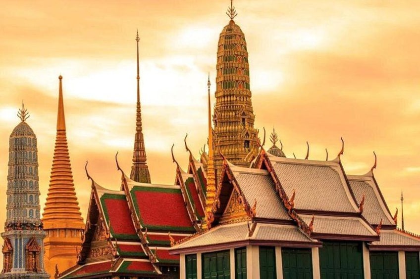 A temple complex with tiered roofs and spires. 1