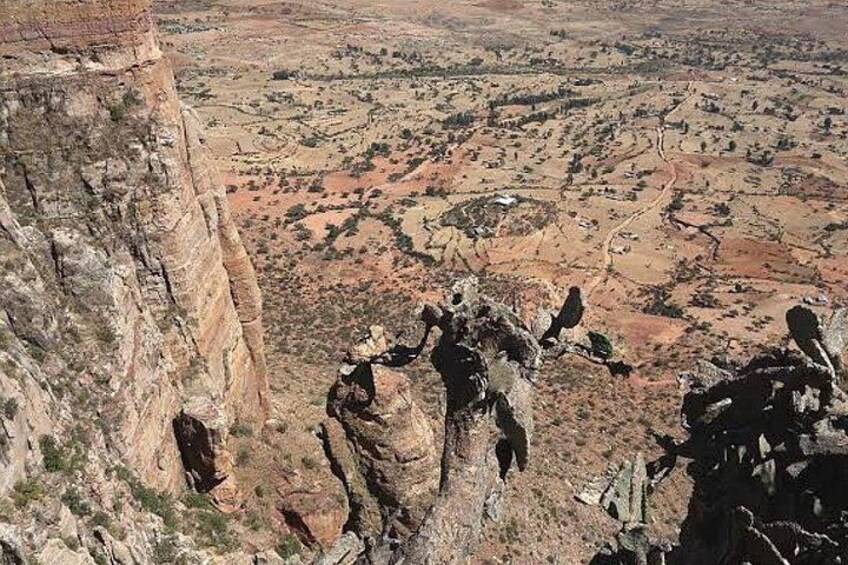 A canyon with rocky cliffs and sparse vegetation. 3