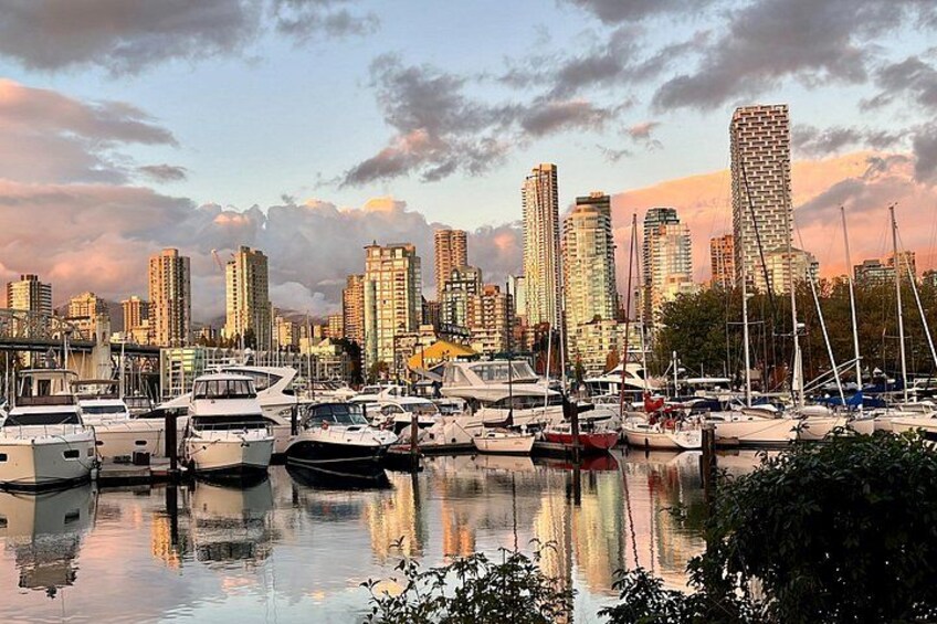 A marina with boats and a city skyline in the background. 3