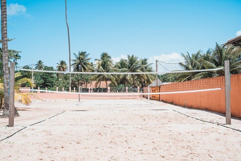 Un terrain de beach-volley sablonneux, avec un filet, des palmiers et un ciel dégagé. 2