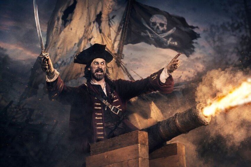 A pirate character holding a sword and a cannon, with a pirate flag in the background. 1