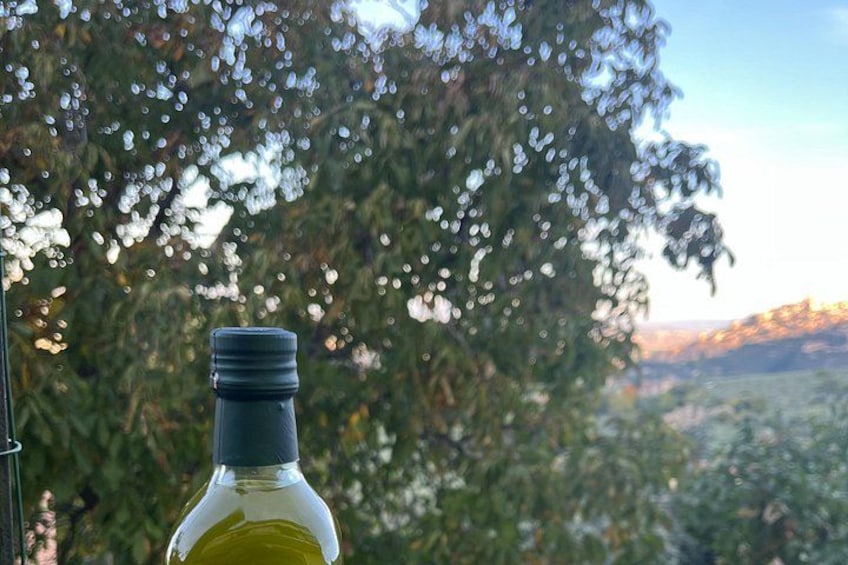 A bottle of olive oil in front of a tree with a mountainous landscape in the background. 2