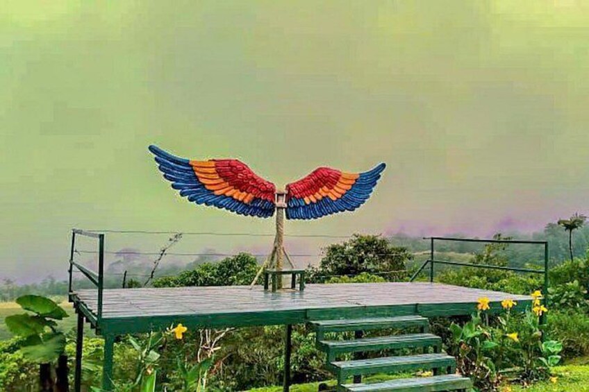 Eine farbenfrohe Vogel-Skulptur auf einer Plattform mit Stufen, umgeben von viel Grün. 4