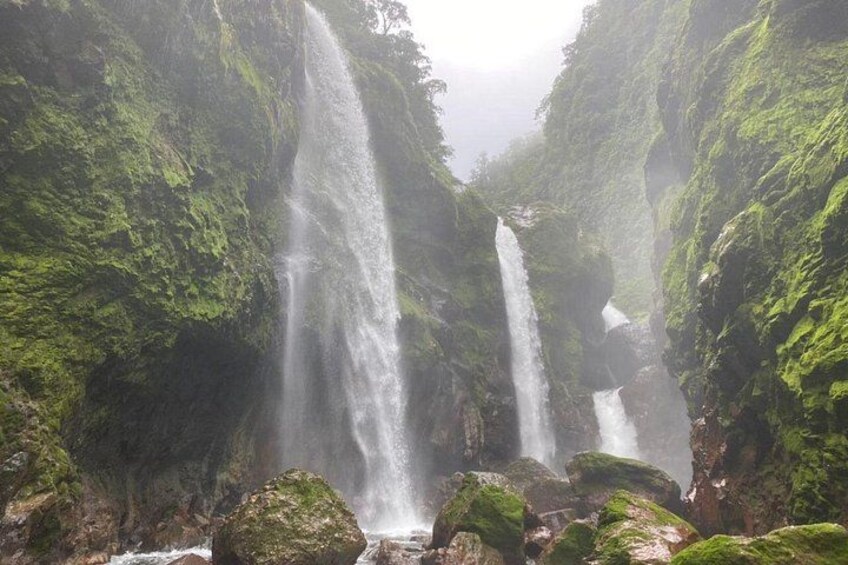 Ein Wasserfall stürzt über moosbewachsene Felsen in einem bewaldeten Gebiet. 2