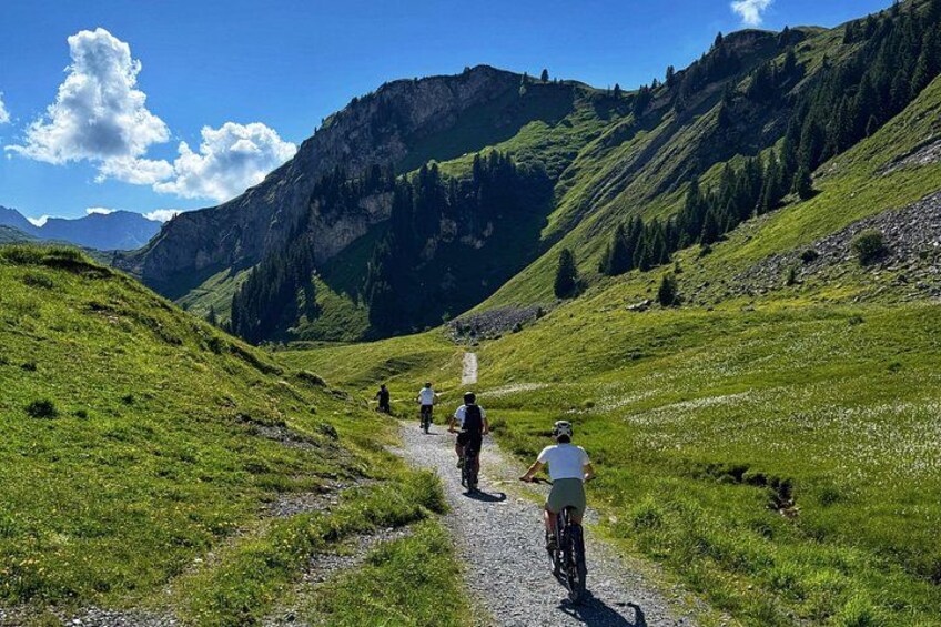 Een groep fietsers op een smal bergpad, omringd door weelderige groene heuvels en rotsachtige kliffen. 3