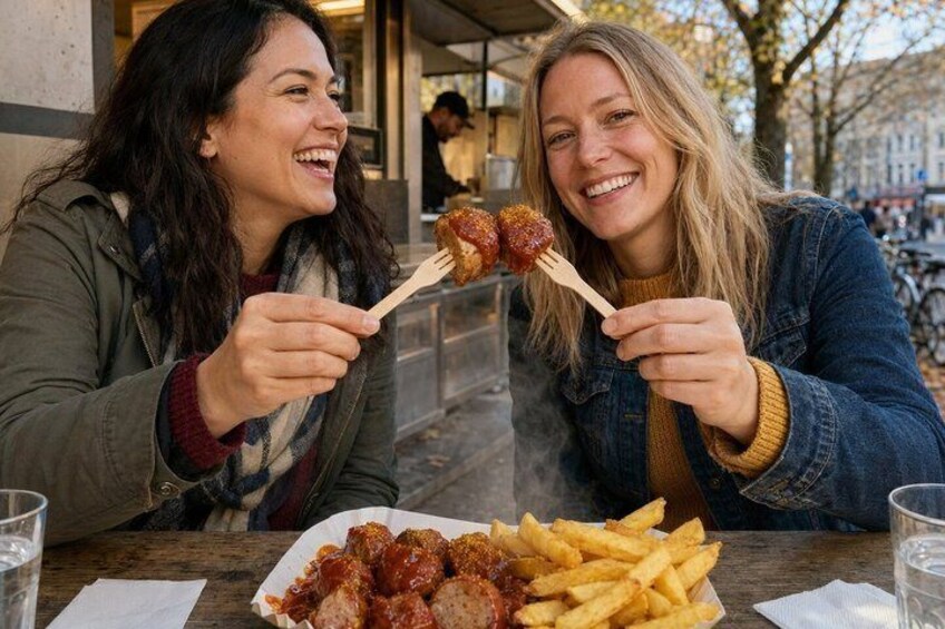Two people eating food at an outdoor table. 4