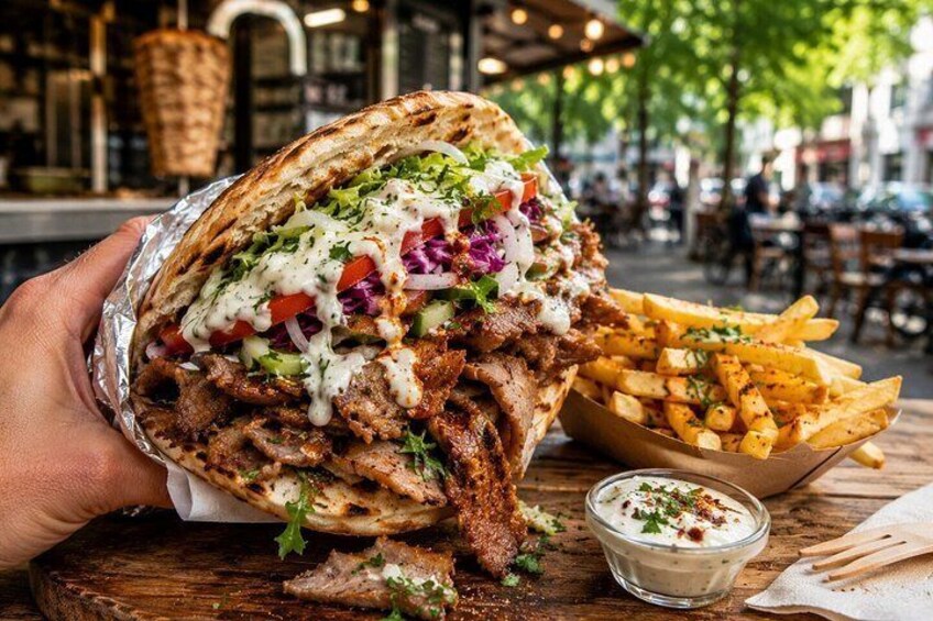A gyro sandwich with fries and a side salad. 1