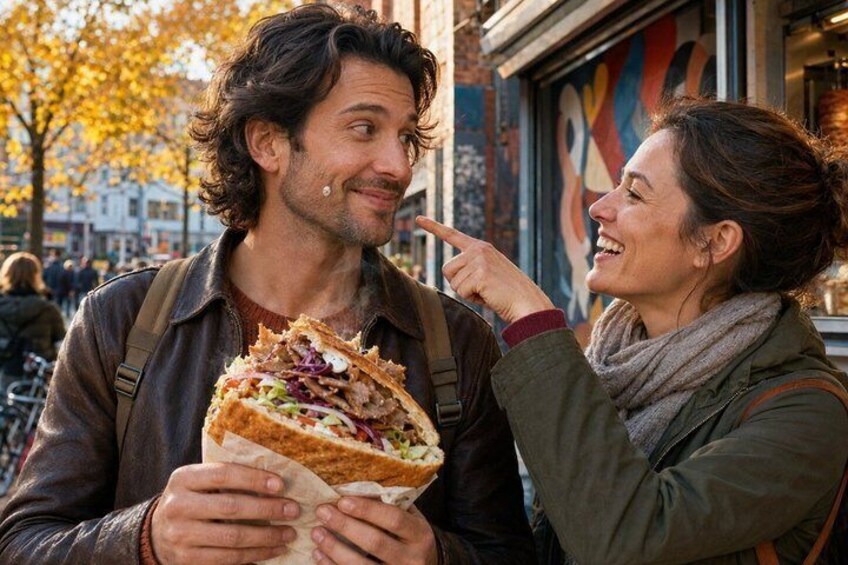 A person holding a large sandwich. 3