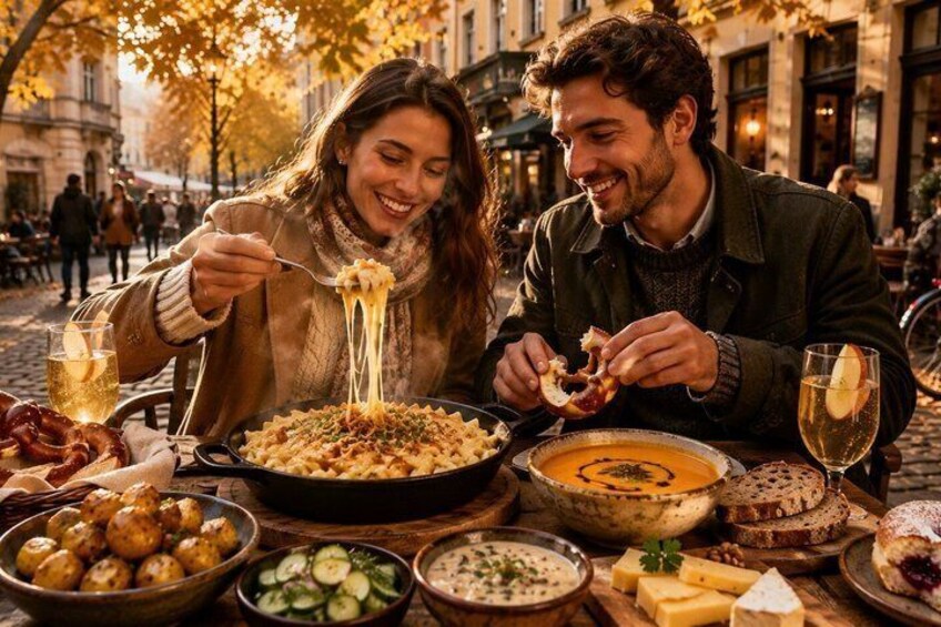 A couple dining outdoors with a variety of dishes including pasta, soup, and bread. 1