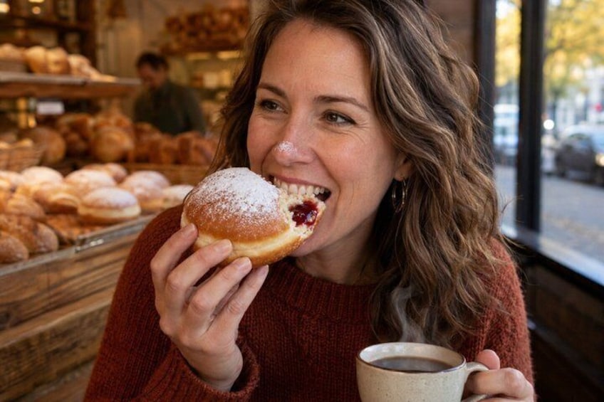 A person holding a pastry and a cup of coffee in a bakery. 5