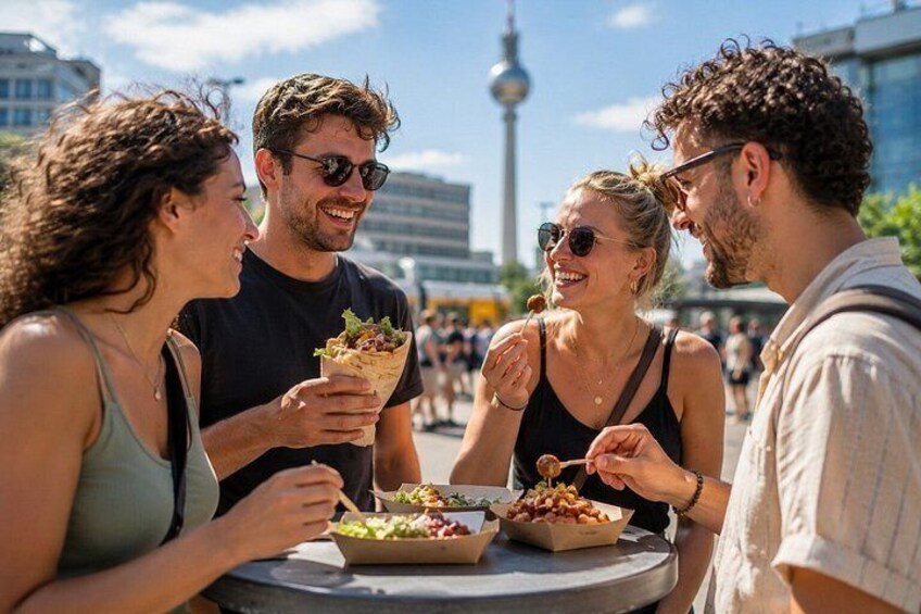 A group of people sitting at a round table outdoors, eating food. 1