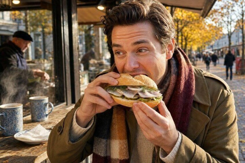 A person eating a sandwich at an outdoor café with a table, chairs, and a window in the background. 2