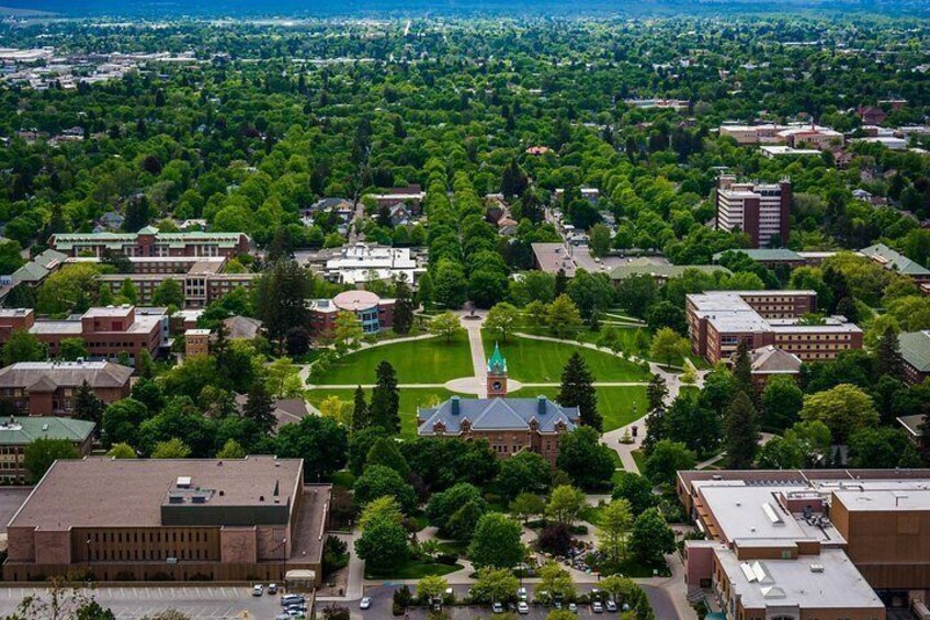 Luchtbeeld van een universiteitscampus met groene gazons, gebouwen en een centraal gelegen park. 2