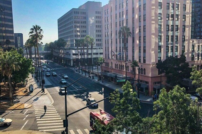 A city street with palm trees, a pedestrian crossing, and tall buildings. 3