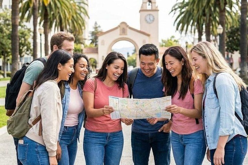 A group of people examining a map in an outdoor setting with a clock tower in the background. 1