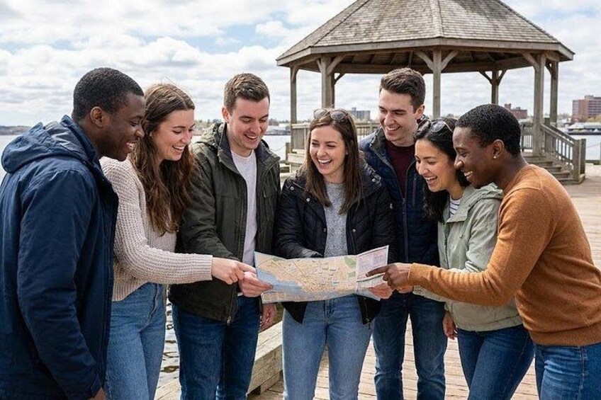 En gruppe mennesker studerer et kort i nærheden af en pavillon ved vandet. 1