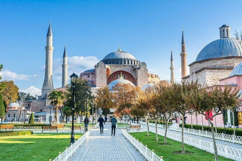 A mosque with domes and minarets, a paved walkway, and trees. 4