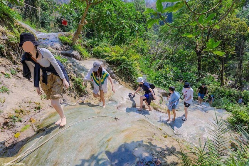 People hiking on a rocky trail surrounded by greenery. 4
