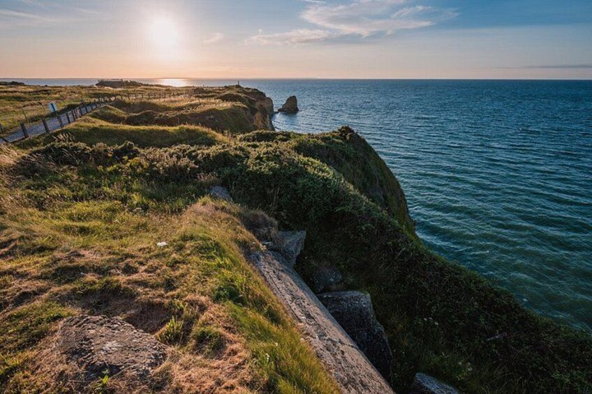 A coastal landscape with grassy cliffs, a wooden walkway, and the ocean. 2