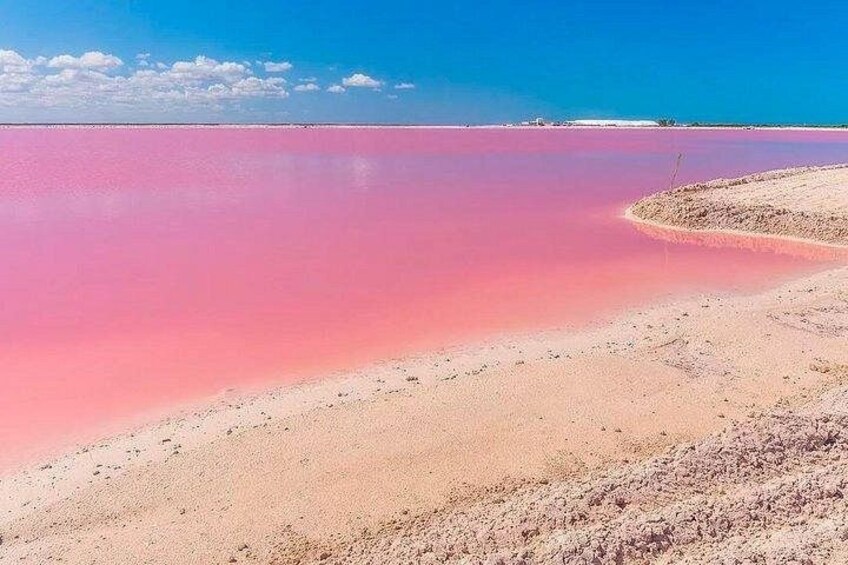 A pink-hued lake with a sandy shore and a clear sky. 3
