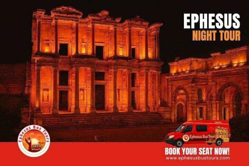 A night tour advertisement for Ephesus with a red bus and a lit-up ancient building. 1