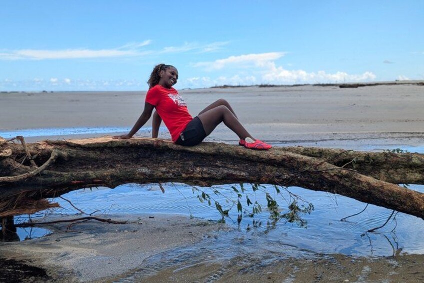 A person sitting on a log over water with a beach and sky in the background. 3