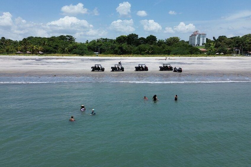A beach with people swimming and four vehicles on the sand. 1