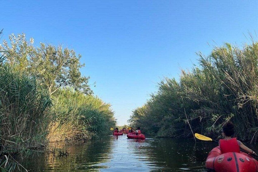 A narrow waterway flanked by dense vegetation, with people in red inflatable rafts. 3