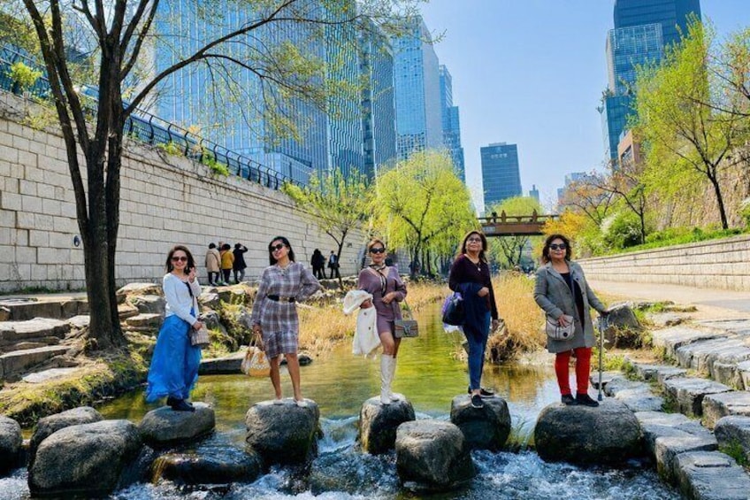 A group of people standing on rocks by a stream in a park with a city skyline in the background. 4