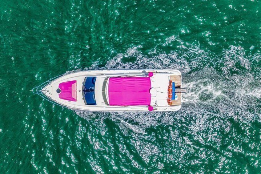 A boat with a pink and blue cabin, moving through green water. 5