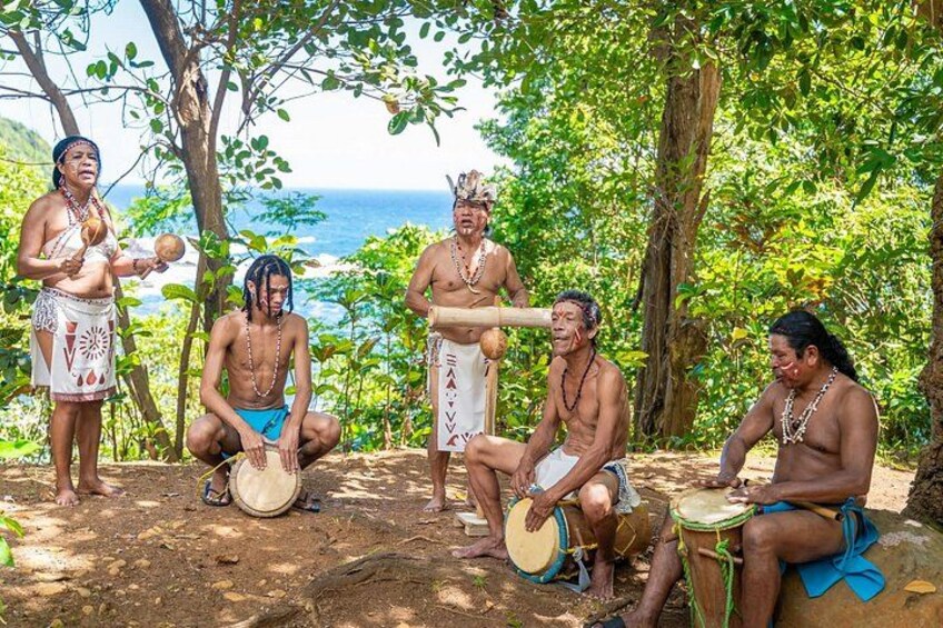 A group of people in traditional attire playing drums in a forested area with a view of the ocean. 4