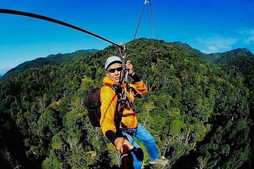 A person zip-lining through a forested mountain area. 5