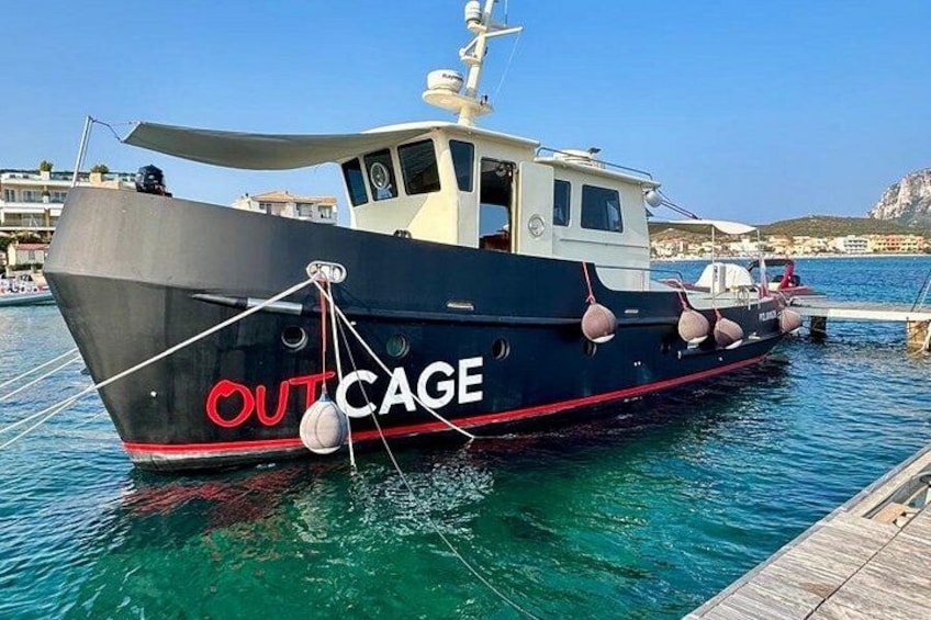 A boat named OUTCAGE docked at a pier with clear blue water and a rocky coastline in the background. 5