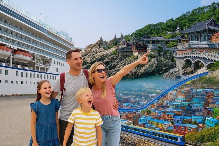 Una familia en un crucero, un pueblo costero y un puente. 1