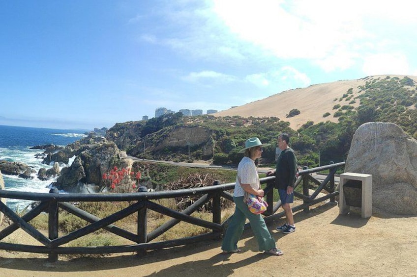 A coastal walkway with rocky terrain, a guardrail, and a view of the ocean. 4