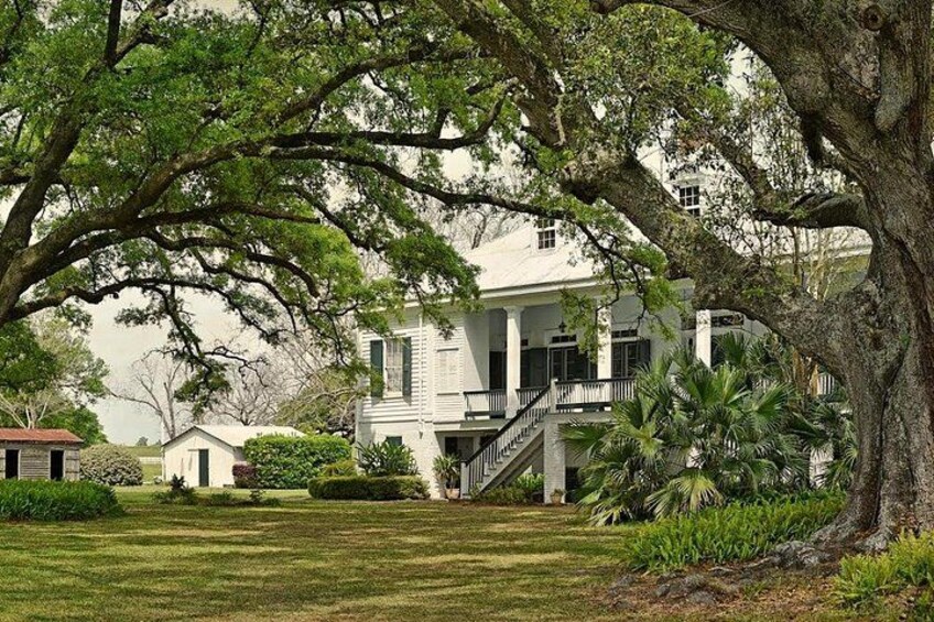 A large white house with a staircase, surrounded by lush greenery and trees. 5