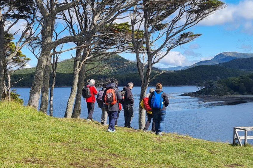 A group of hikers on a grassy hill overlooking a lake with trees and mountains in the background. 1