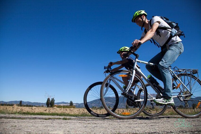 Una persona in bicicletta su un sentiero asfaltato, con un cielo azzurro e montagne sullo sfondo. 5