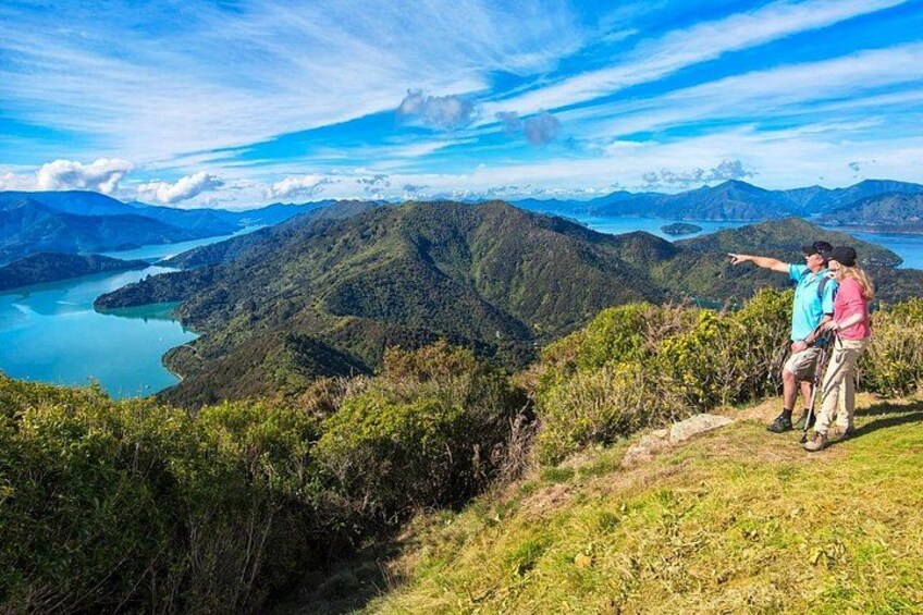 A person pointing towards a lake surrounded by mountains. 3