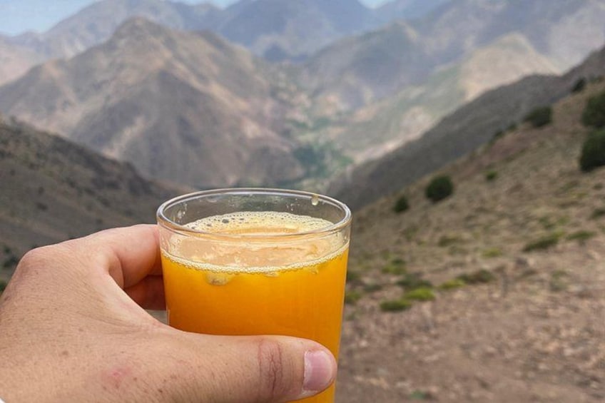 Una mano sosteniendo un vaso de jugo de naranja, con un paisaje montañoso al fondo. 3