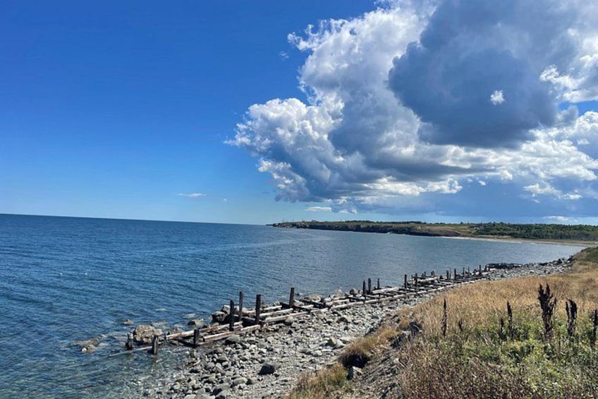 Ett kustlandskap med en stenig strand, en träbrygga som fungerar som vågbrytare och en avlägsen kustlinje under en delvis molnig himmel. 2